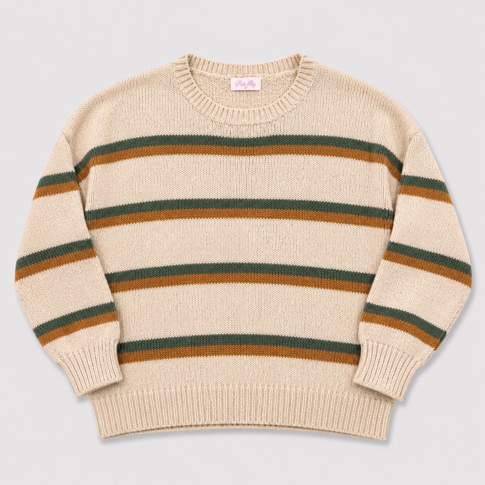 Pink Lily Womens Striped Knot Crewneck Sweater Beige Green‎ Rust  Small